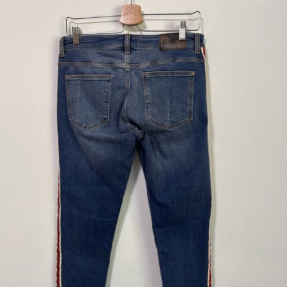 Zara Basic Distressed Jeans 8 Raw Cuff Cropped Red Tuxedo Stripe Stretch Skinny - Picture 7 of 10